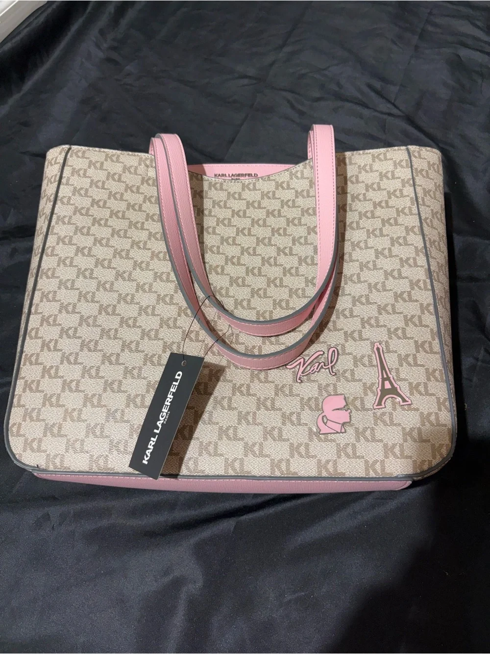 Karl Lagerfeld Beige Monogram Tote with Pink Trim